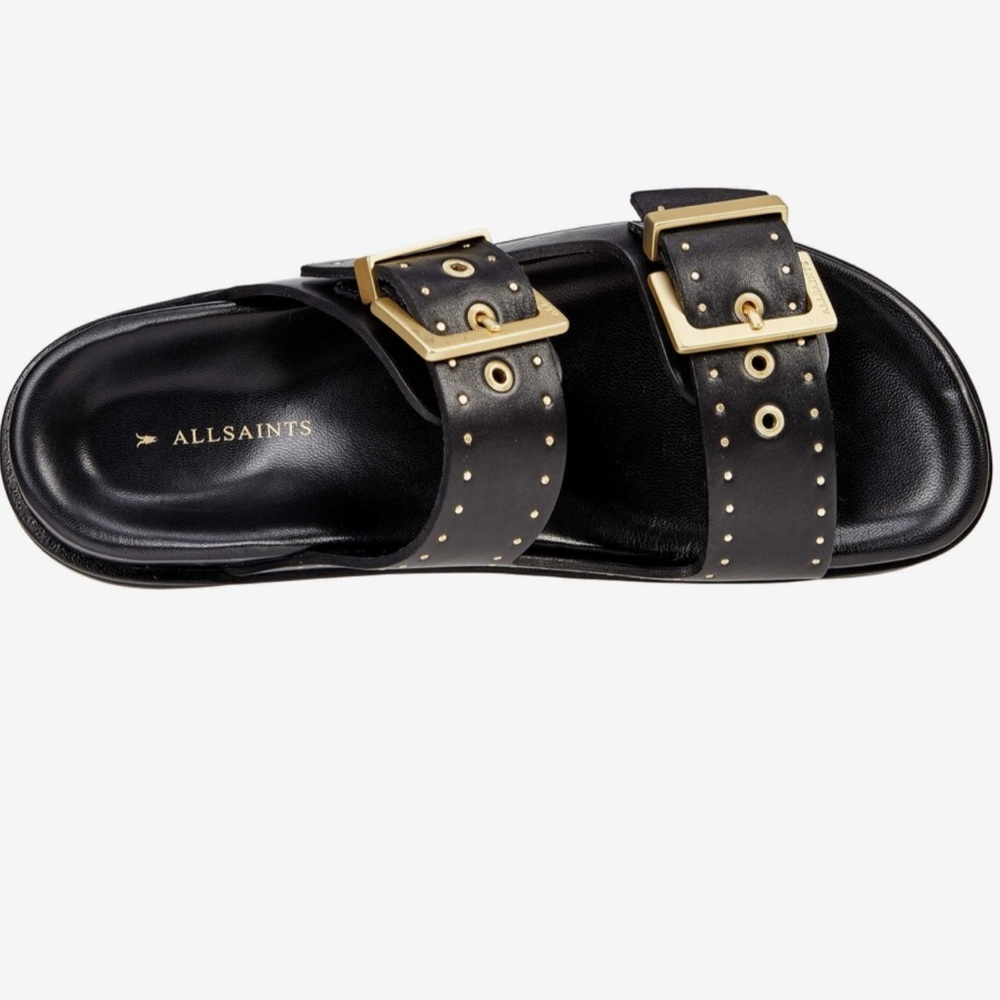 AllSaints Mae Stud Buckle Black Leather Slide Sandals Size 9